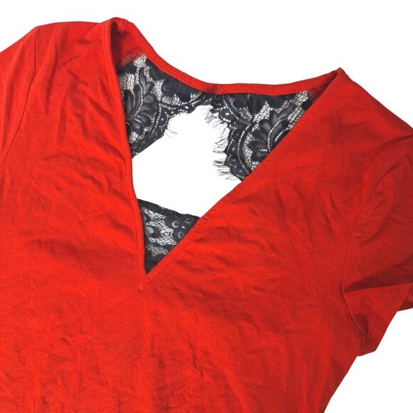 Express Red Top Black Floral Lace Back Cut Out Size Medium - Picture 1 of 4